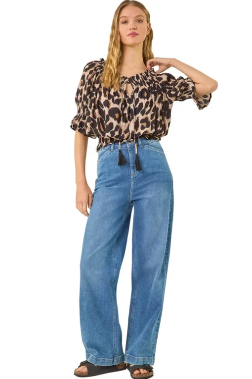 Roman Natural Animal Print Key Hole Blouse