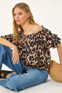 Roman Natural Animal Print Key Hole Blouse