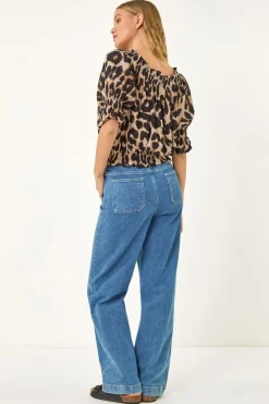 Roman Natural Animal Print Key Hole Blouse