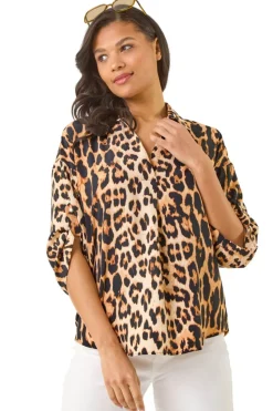 Roman Natural Animal Print Collar V Neck Top