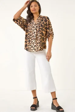 Roman Natural Animal Print Collar V Neck Top