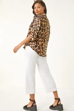 Roman Natural Animal Print Collar V Neck Top