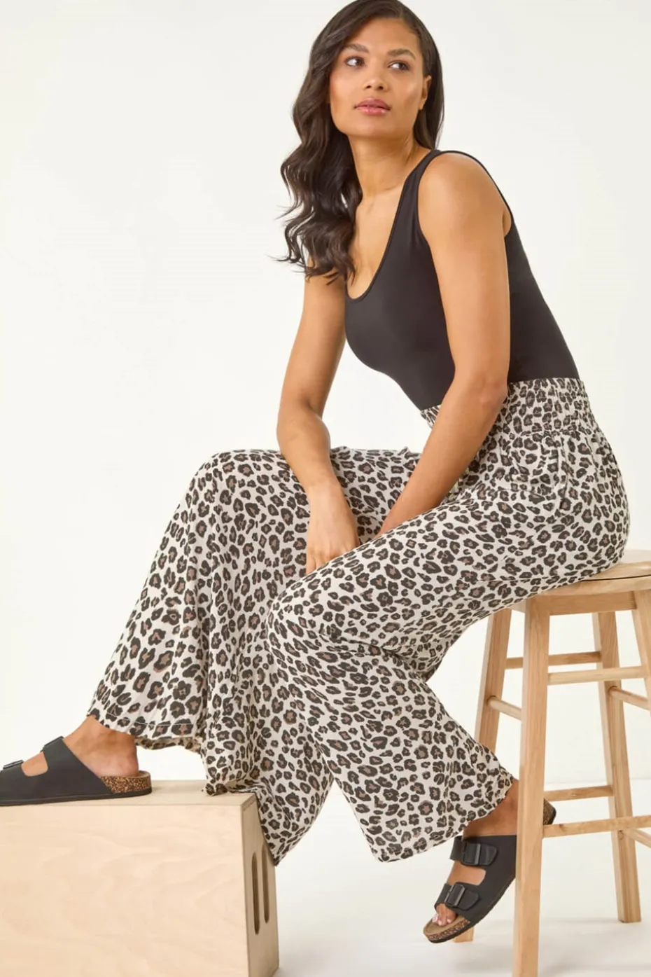 Roman Natural Animal Print Wide Leg Trousers