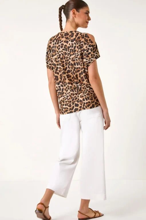 Roman Natural Animal Print Cold Shoulder Stretch Top