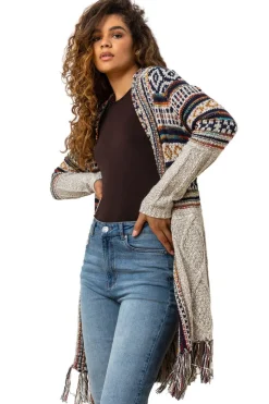 Roman Natural Aztec Print Tassel Hem Longline Cardigan