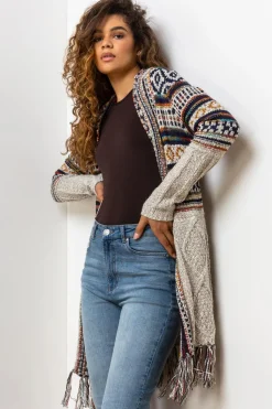 Roman Natural Aztec Print Tassel Hem Longline Cardigan