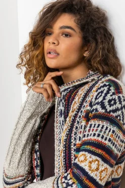 Roman Natural Aztec Print Tassel Hem Longline Cardigan