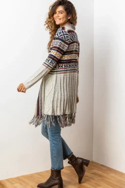 Roman Natural Aztec Print Tassel Hem Longline Cardigan