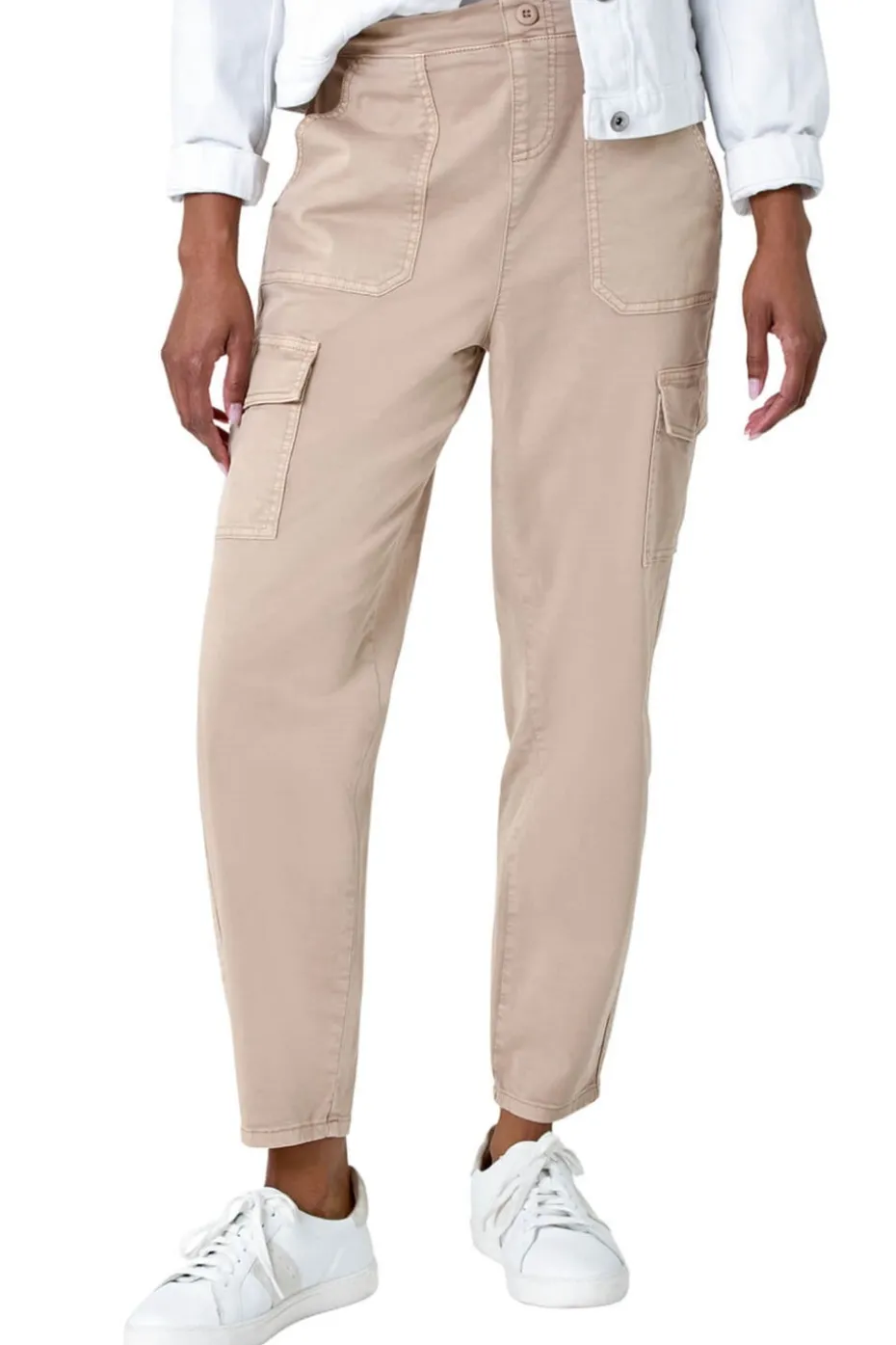 Roman Natural Casual Elastic Waist Cropped Cargo Trousers