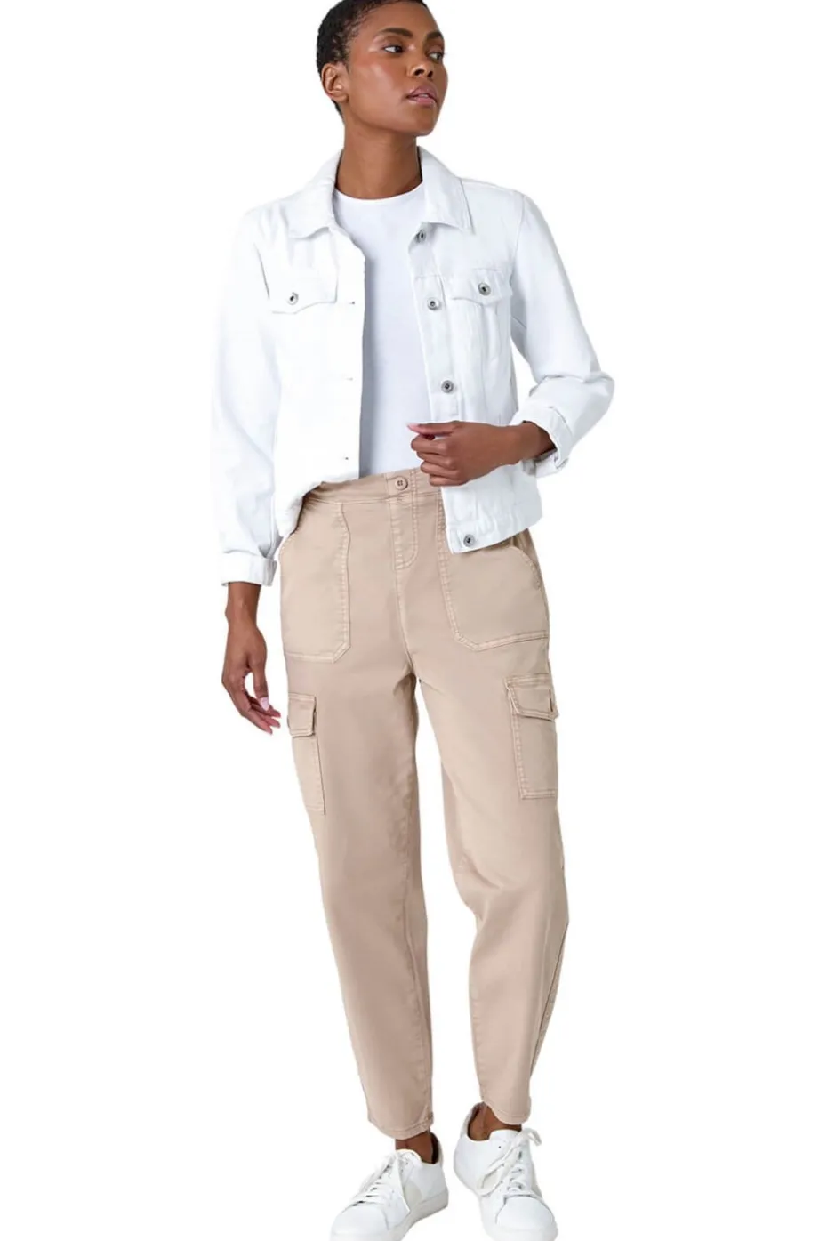 Roman Natural Casual Elastic Waist Cropped Cargo Trousers