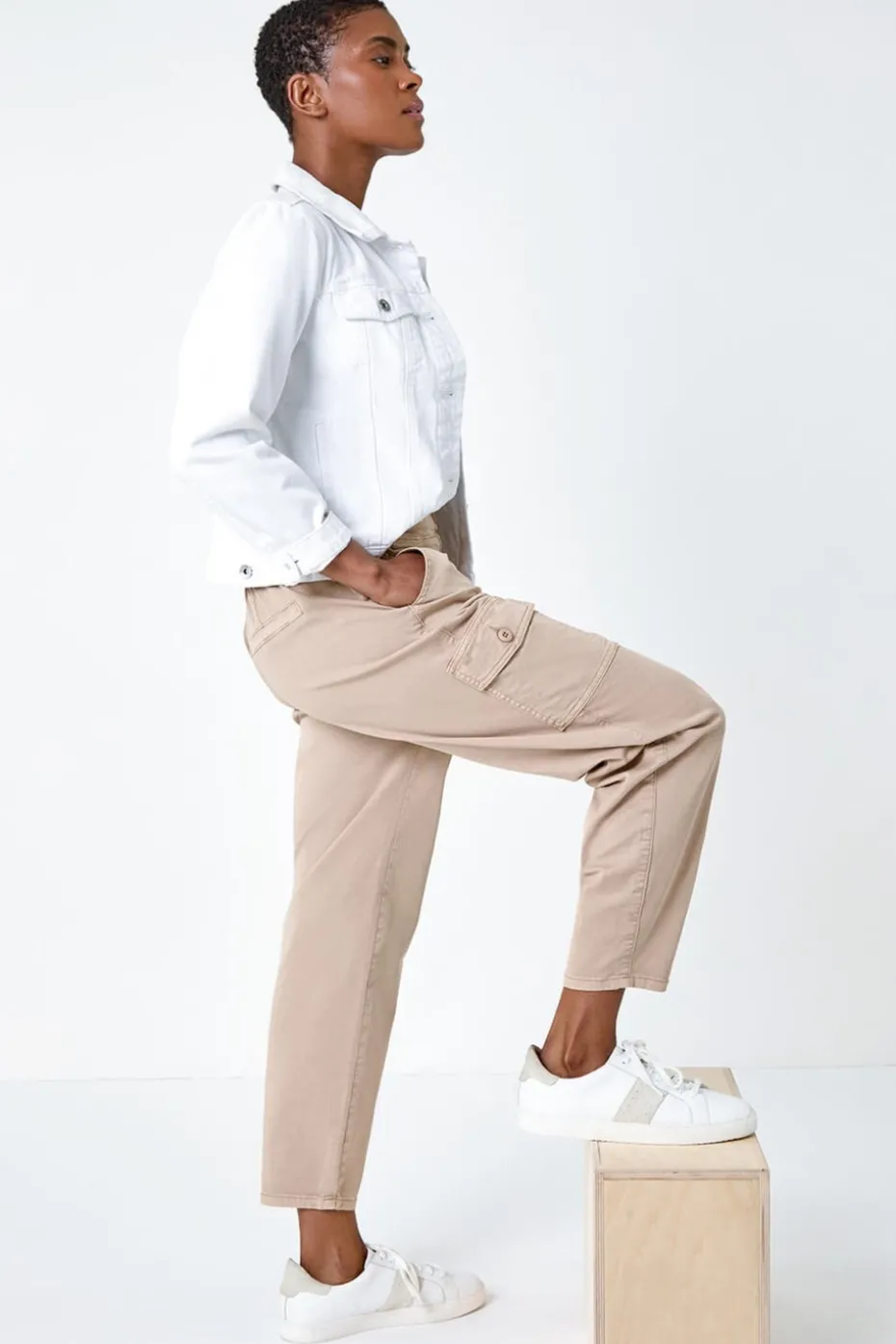 Roman Natural Casual Elastic Waist Cropped Cargo Trousers