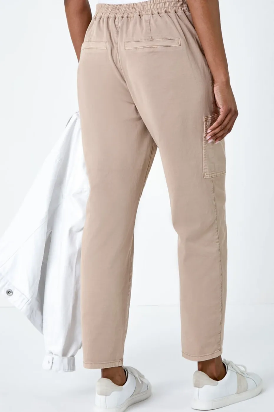 Roman Natural Casual Elastic Waist Cropped Cargo Trousers