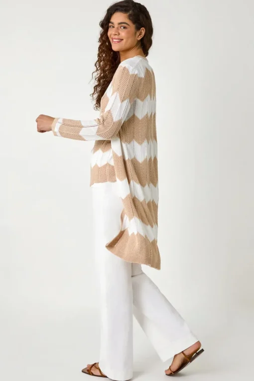 Roman Natural Chevron Stripe Shimmer Longline Cardigan