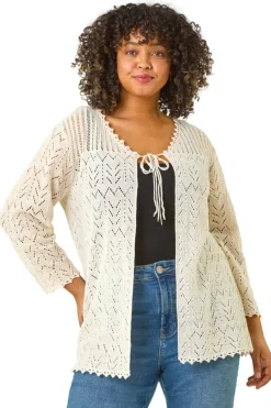 Roman Natural Curve Crochet Tie Front Cardigan