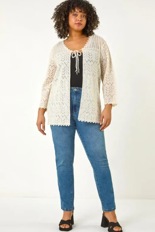 Roman Natural Curve Crochet Tie Front Cardigan