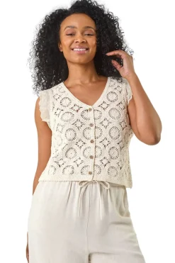 Roman Natural Petite Crochet Frill Sleeve Top