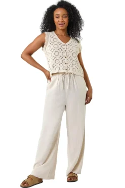Roman Natural Petite Crochet Frill Sleeve Top