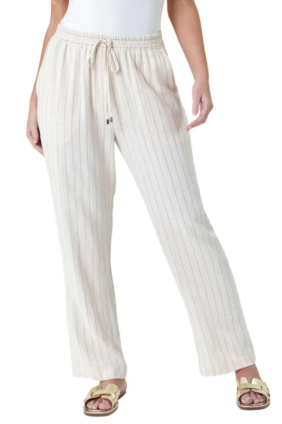 Roman Natural Petite Linen Blend Stripe Trousers