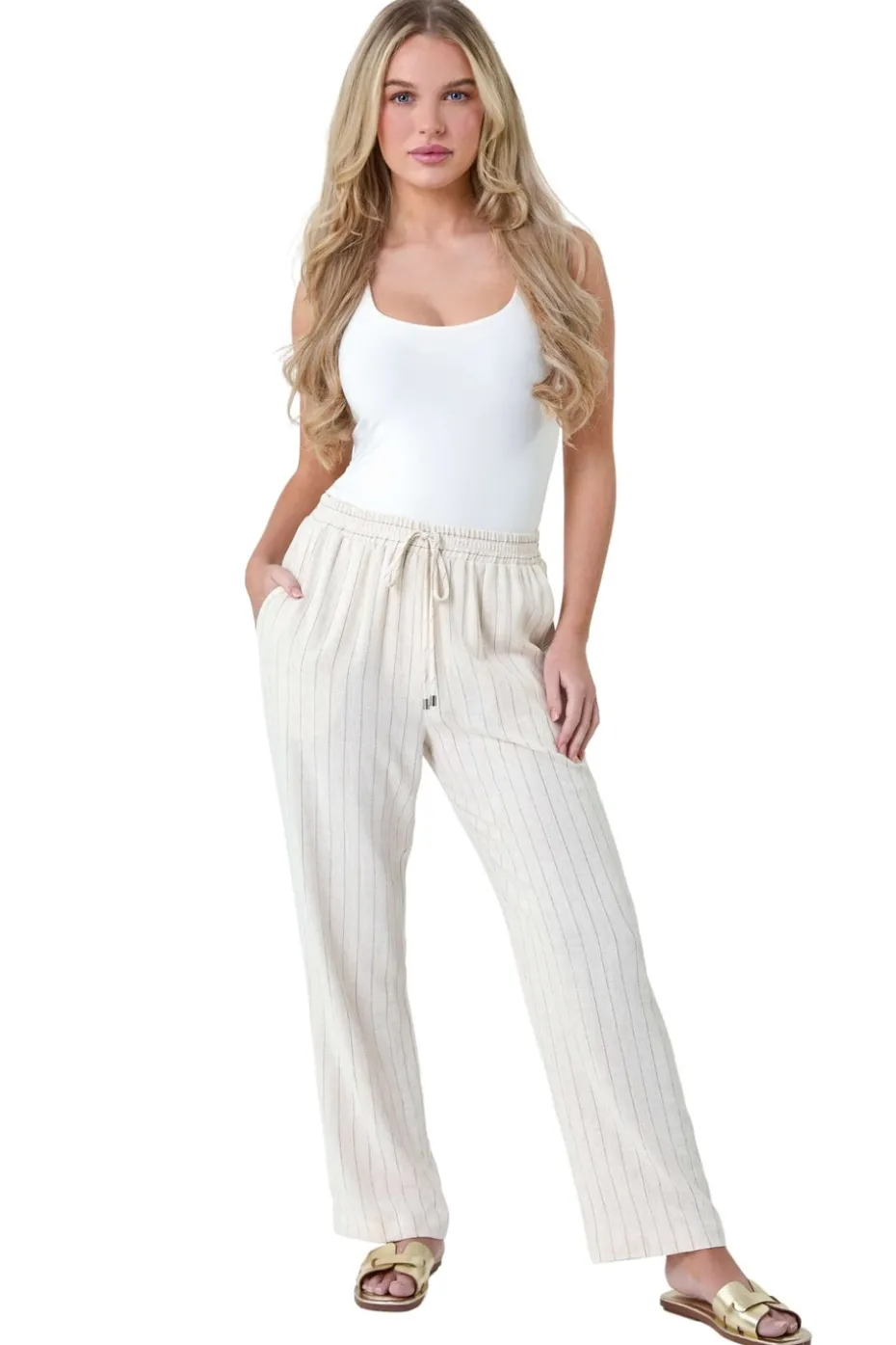 Roman Natural Petite Linen Blend Stripe Trousers