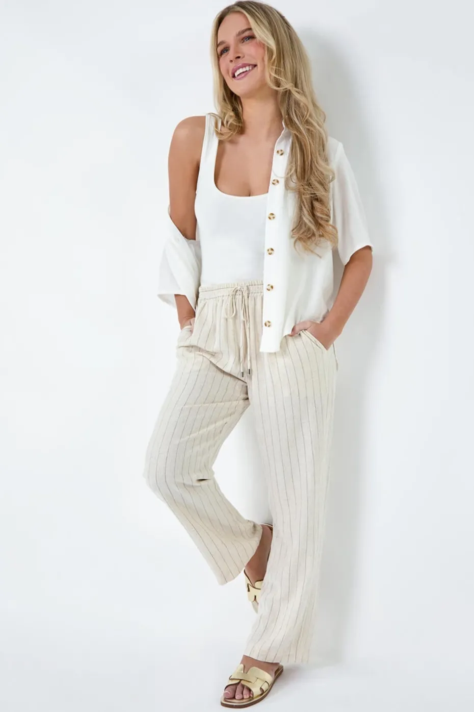 Roman Natural Petite Linen Blend Stripe Trousers