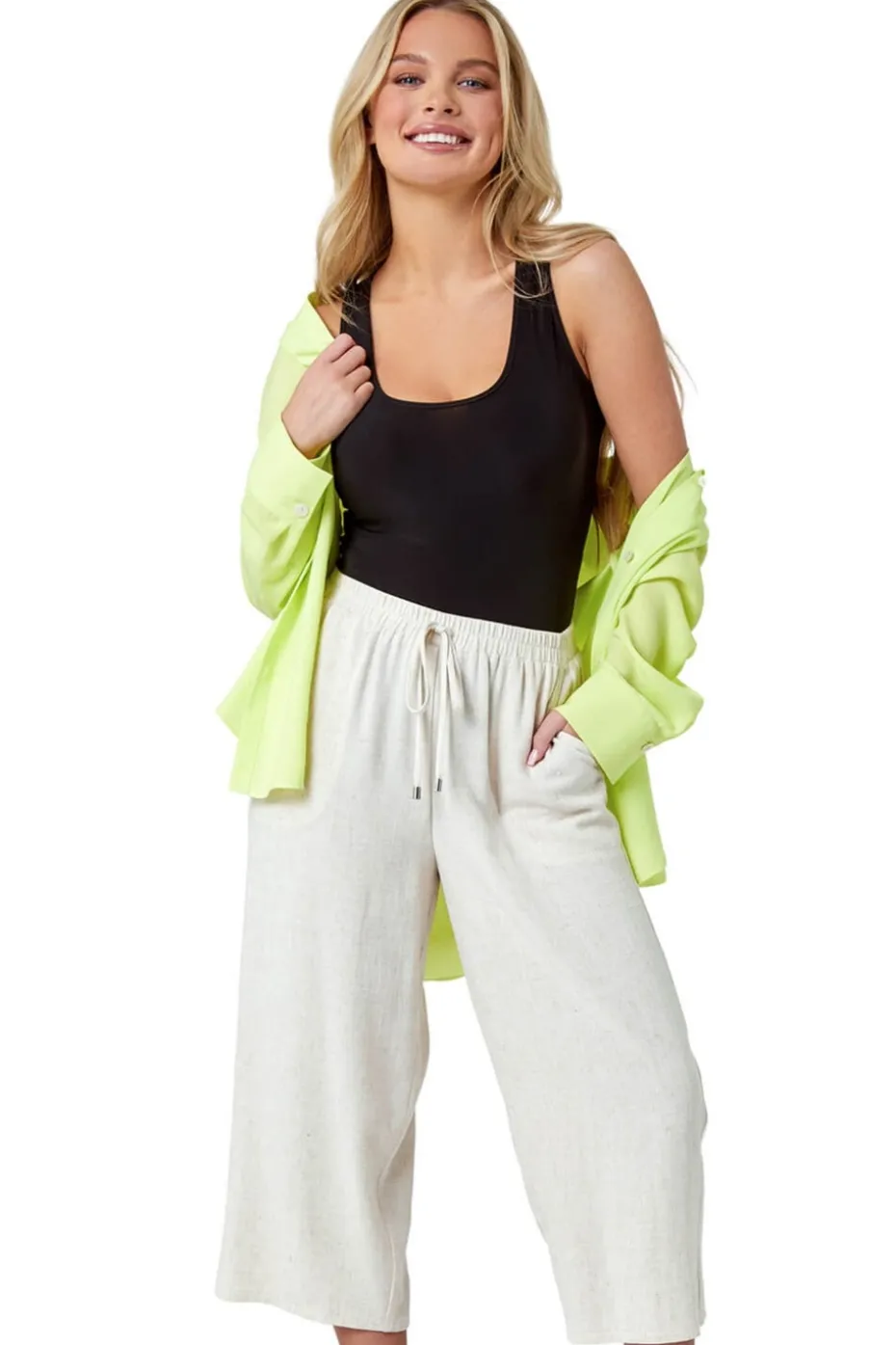 Roman Natural Petite Linen Mix Wide Cropped Trousers