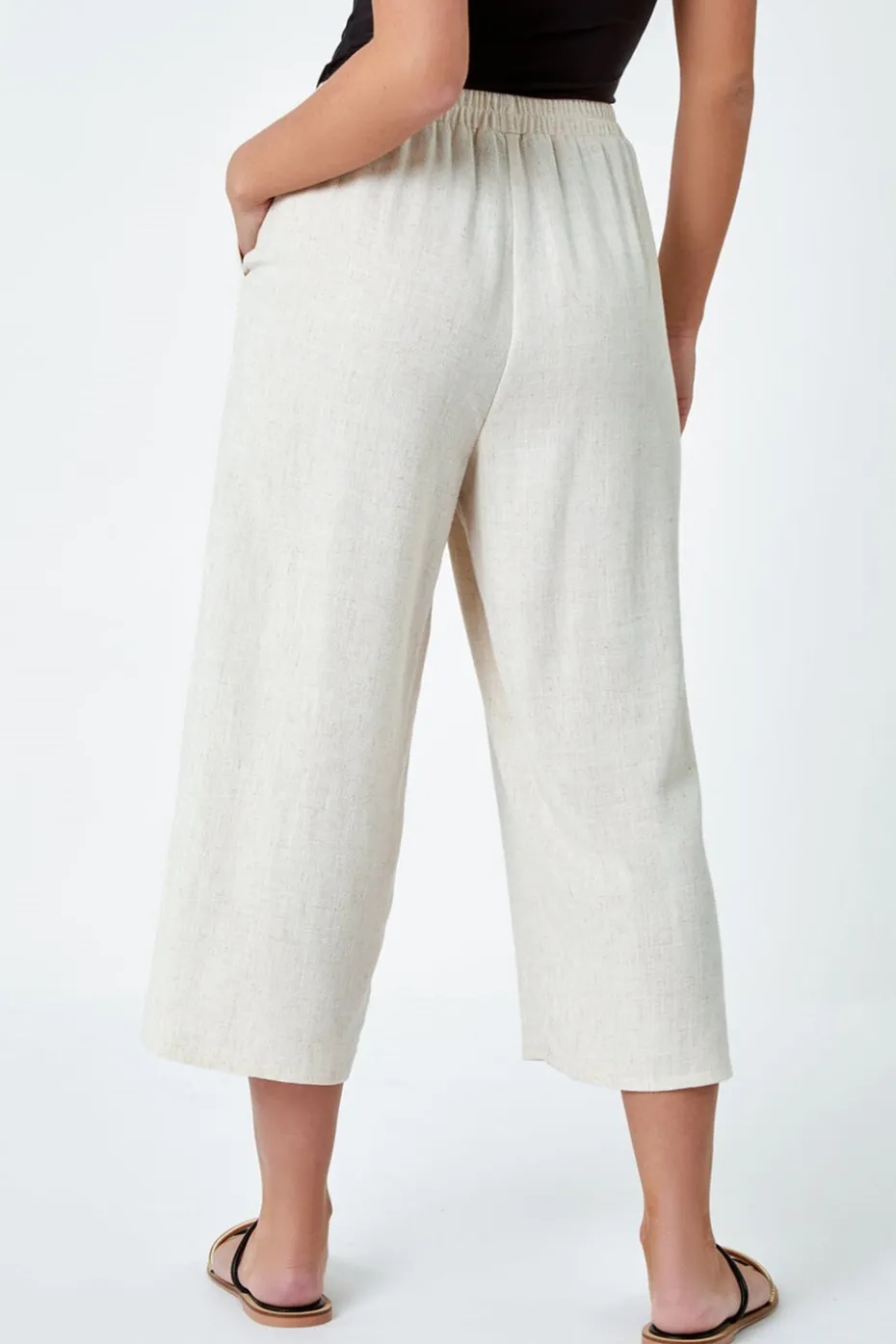 Roman Natural Petite Linen Mix Wide Cropped Trousers