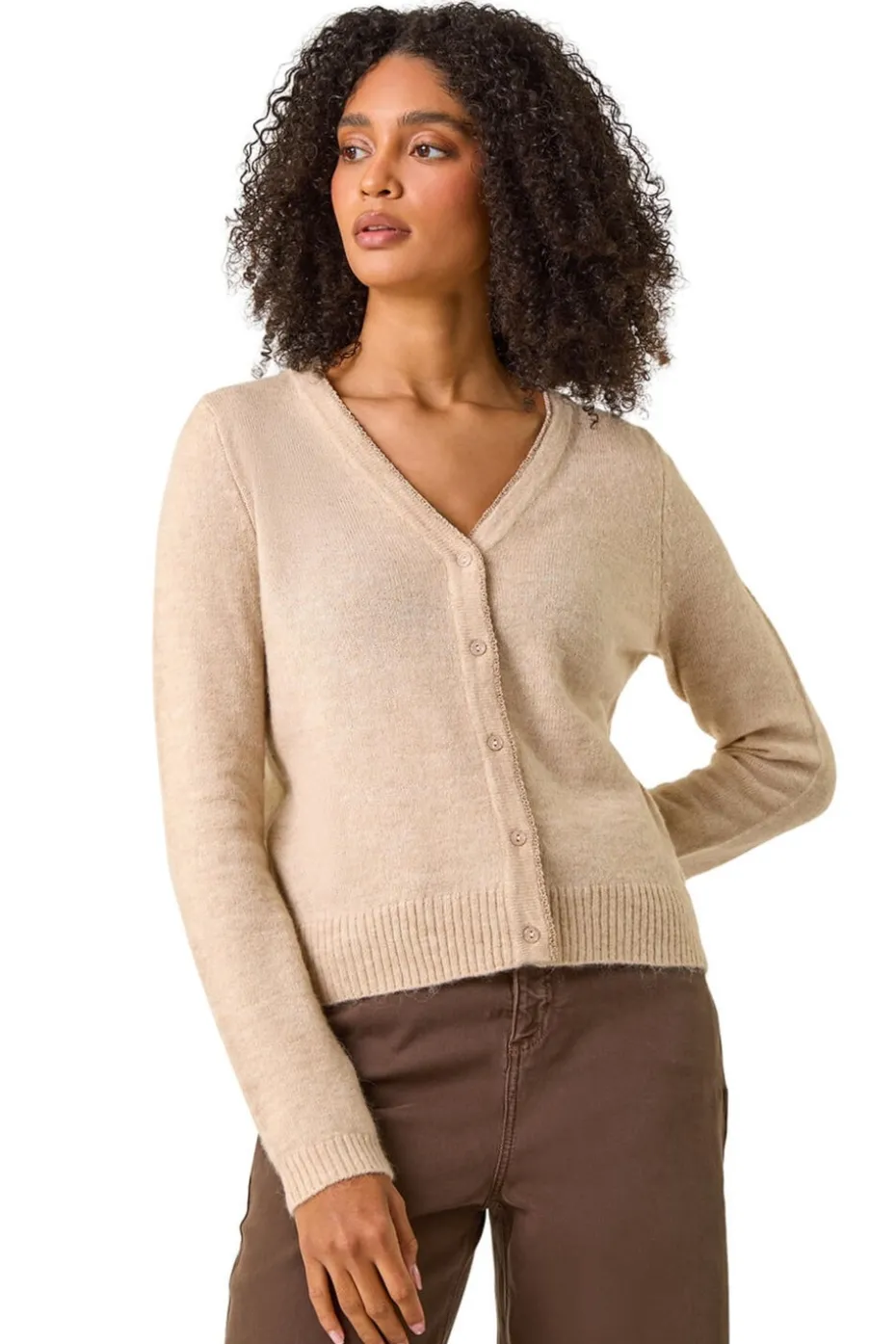 Roman Natural Shimmer V-Neck Ribbed Cardigan