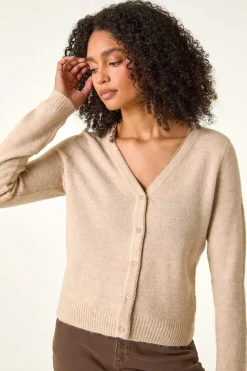 Roman Natural Shimmer V-Neck Ribbed Cardigan