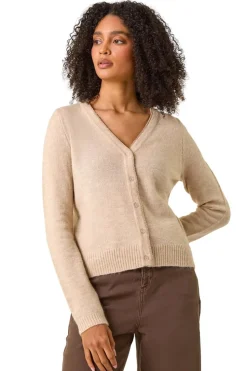Roman Natural Shimmer V-Neck Ribbed Cardigan
