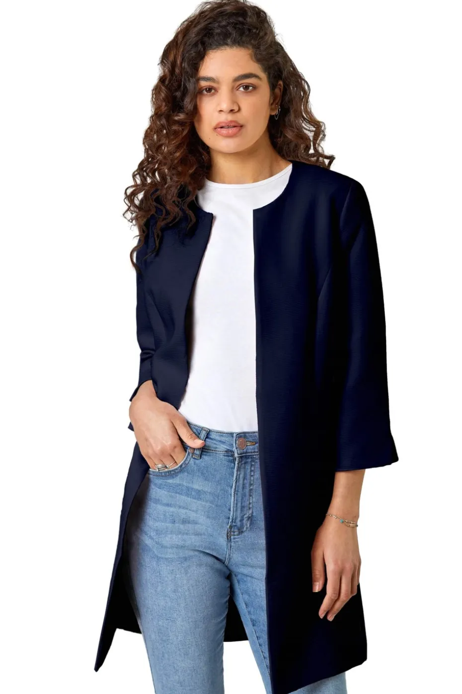Roman Navy 3/4 Sleeve Textured Longline Jacket