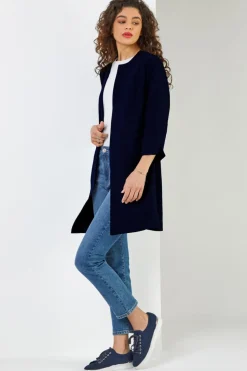 Roman Navy 3/4 Sleeve Textured Longline Jacket
