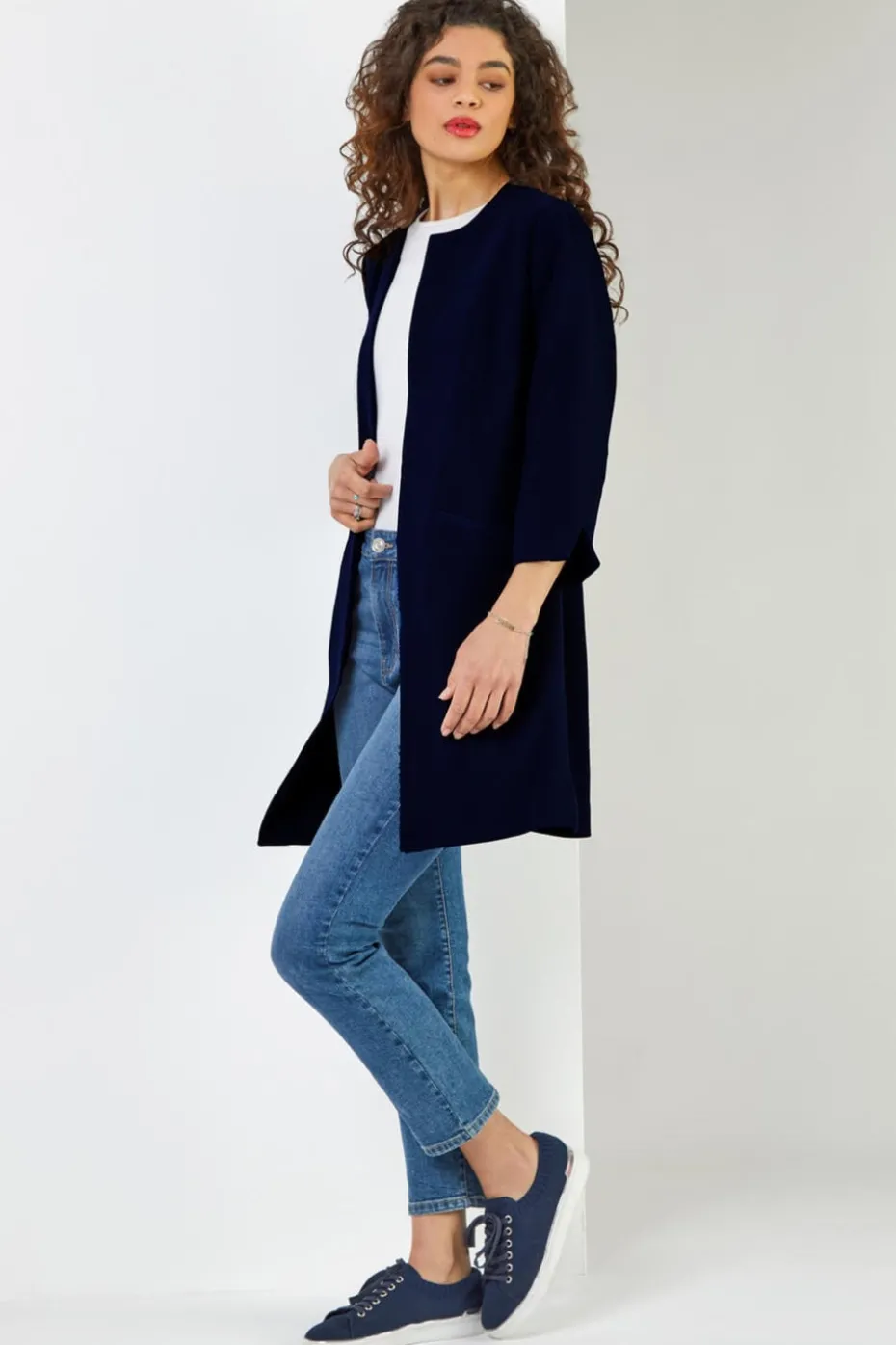 Roman Navy 3/4 Sleeve Textured Longline Jacket