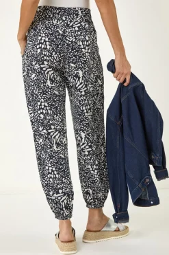 Roman Navy Abstract Animal Print Tie Waist Trousers