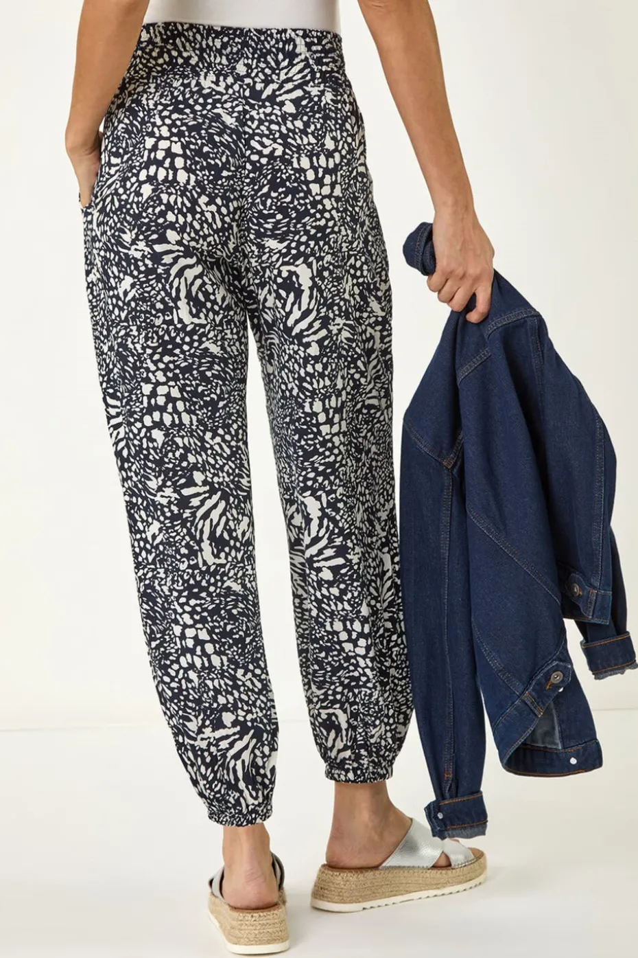 Roman Navy Abstract Animal Print Tie Waist Trousers
