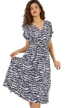 Roman Navy Abstract Print Fit & Flare Dress