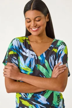 Roman Navy Abstract Print V-Neck Stretch Top