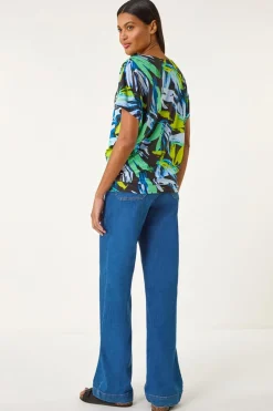 Roman Navy Abstract Print V-Neck Stretch Top