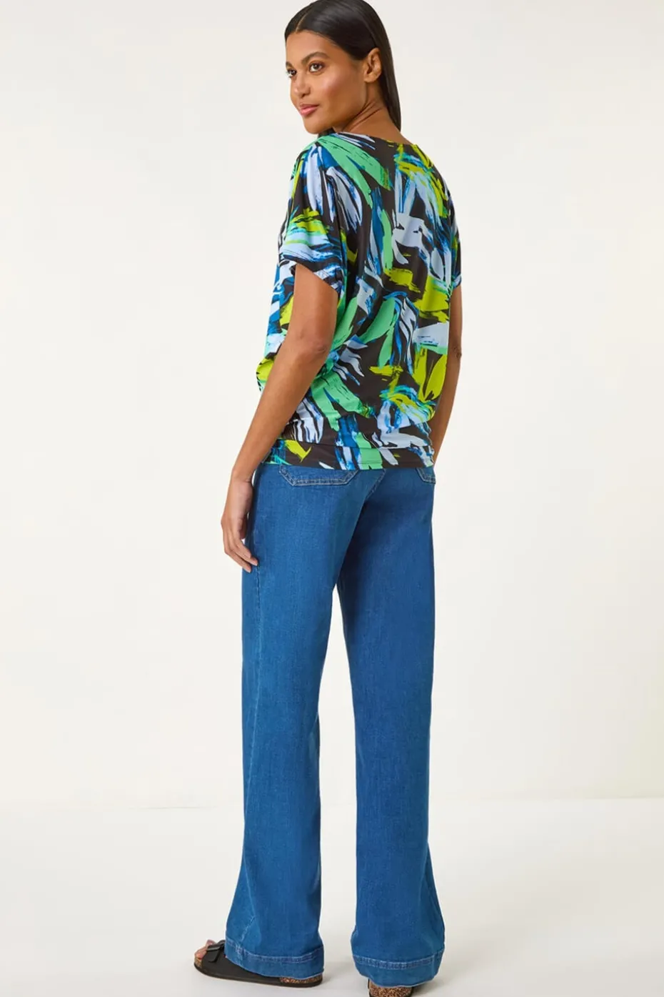 Roman Navy Abstract Print V-Neck Stretch Top