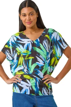 Roman Navy Abstract Print V-Neck Stretch Top