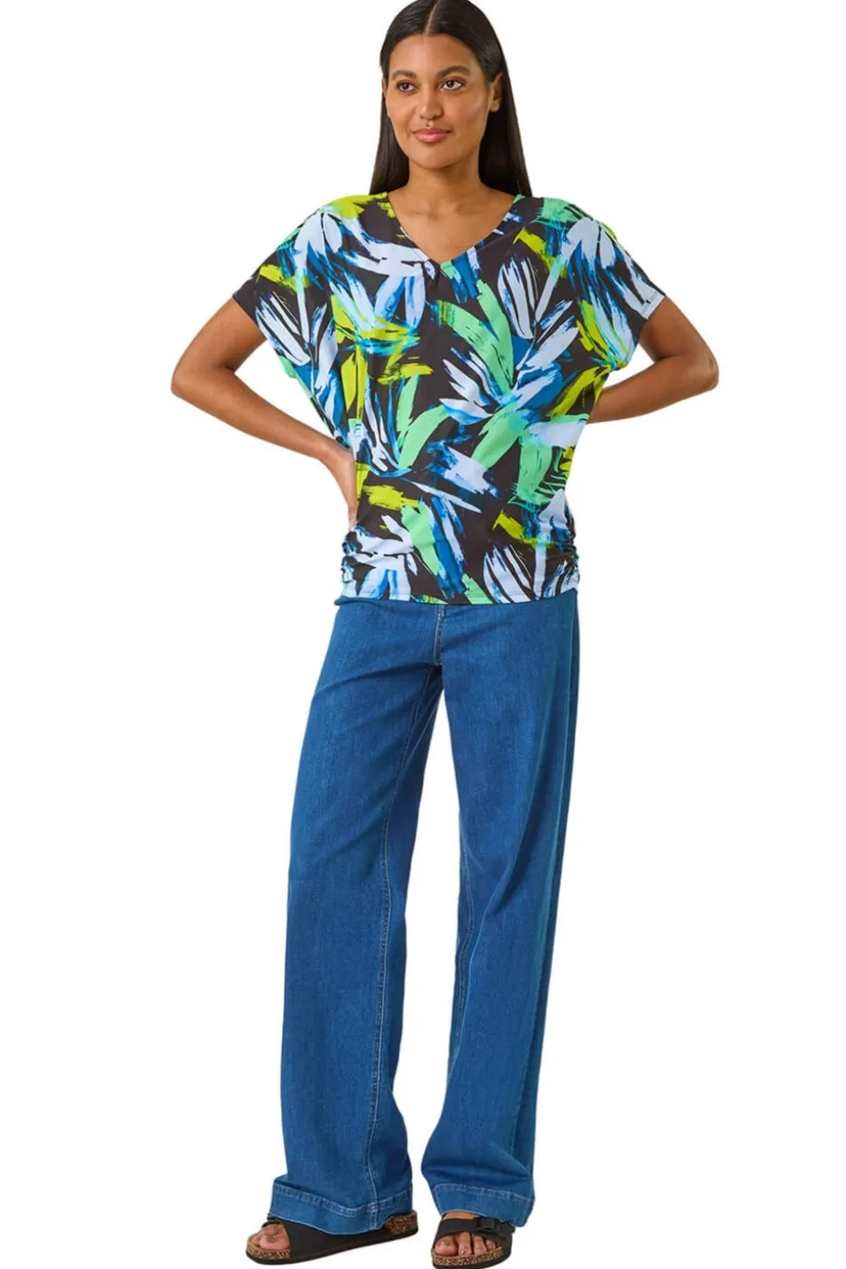 Roman Navy Abstract Print V-Neck Stretch Top