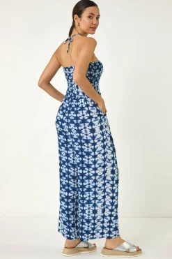 Roman Navy Abstract Shirred Bardot Jumpsuit