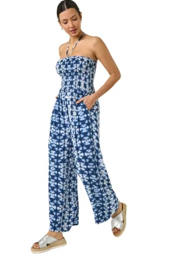 Roman Navy Abstract Shirred Bardot Jumpsuit