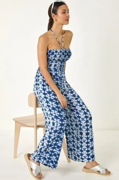 Roman Navy Abstract Shirred Bardot Jumpsuit