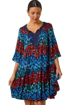 Roman Navy Abstract Spot Print Lace Trim Dress