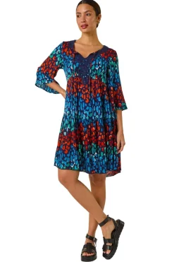 Roman Navy Abstract Spot Print Lace Trim Dress