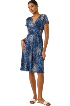 Roman Navy Abstract Wrap Detail Stretch Dress