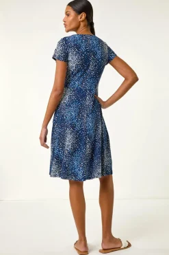 Roman Navy Abstract Wrap Detail Stretch Dress