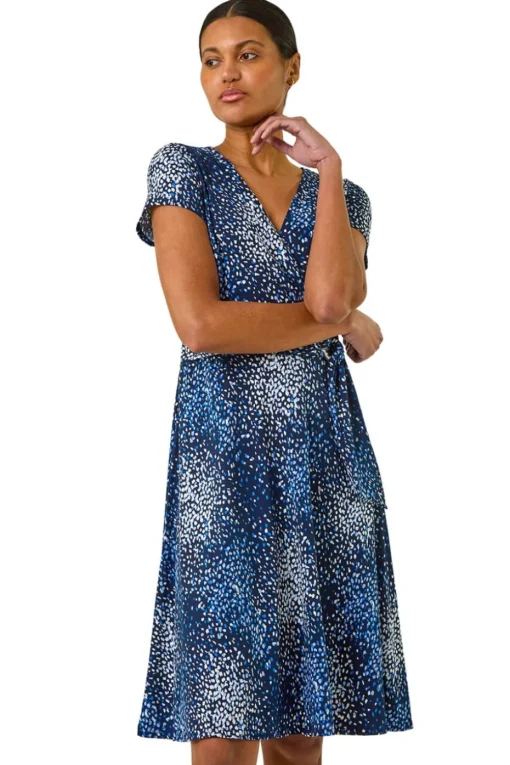 Roman Navy Abstract Wrap Detail Stretch Dress
