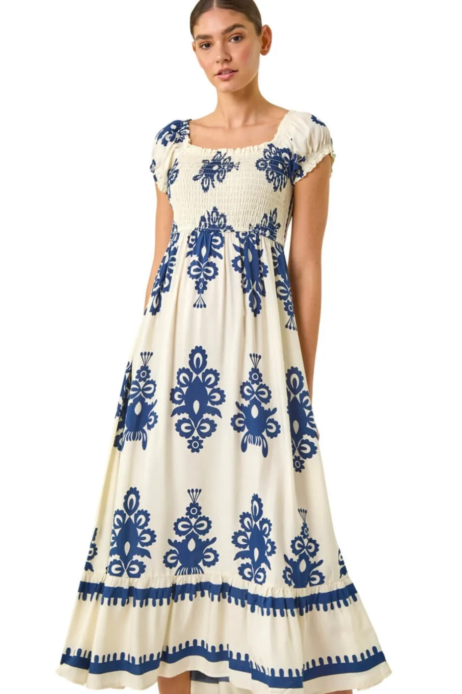 Roman Navy Bardot Shirred Maxi Dress