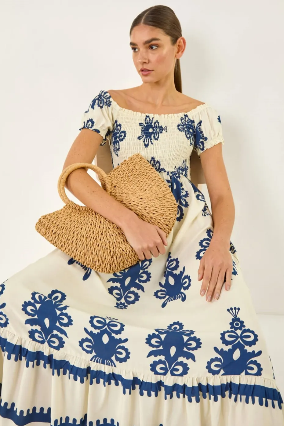 Roman Navy Bardot Shirred Maxi Dress